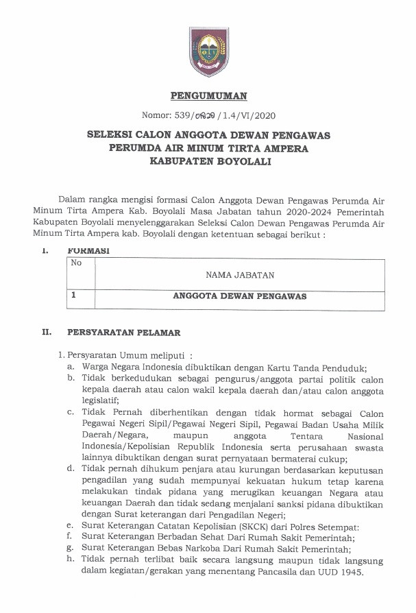 Seleksi Dewan Pengawas Perusahaan Daerah Air Minum Tirta Ampera Kabupaten Boyolali