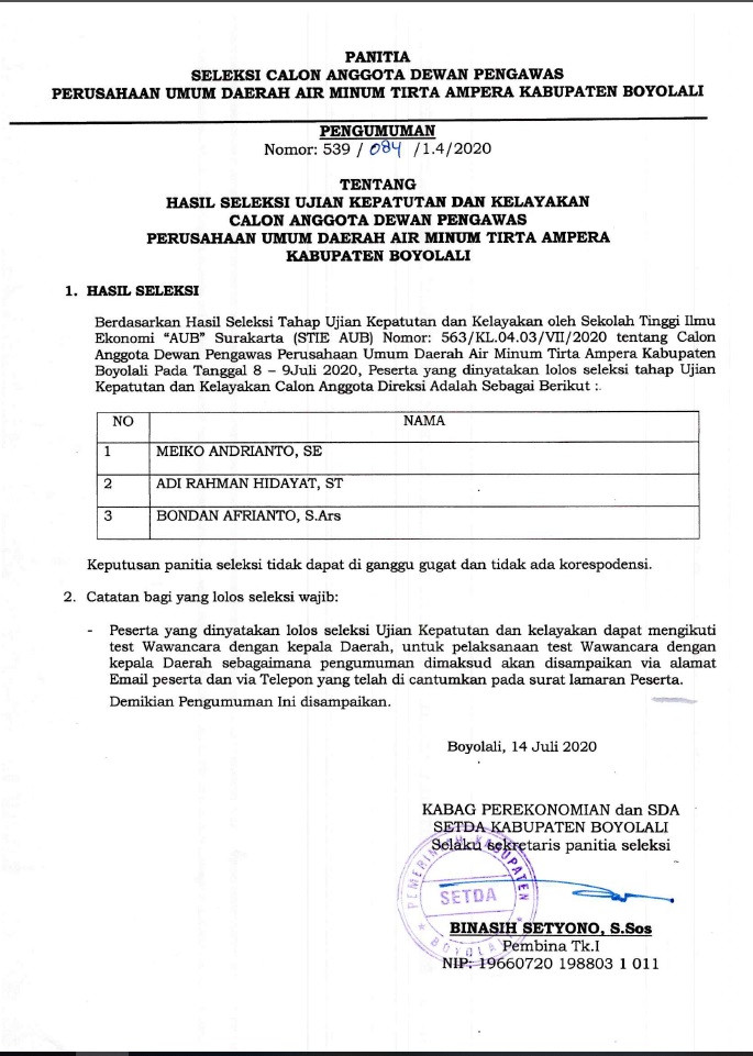 Hasil Seleksi Ujian Kepatutan Dan Kelayakan Calon Anggota Dewan Pengawas Perusahaan Umum Daerah Air Minum Tirta Ampera Kabupaten Boyolali