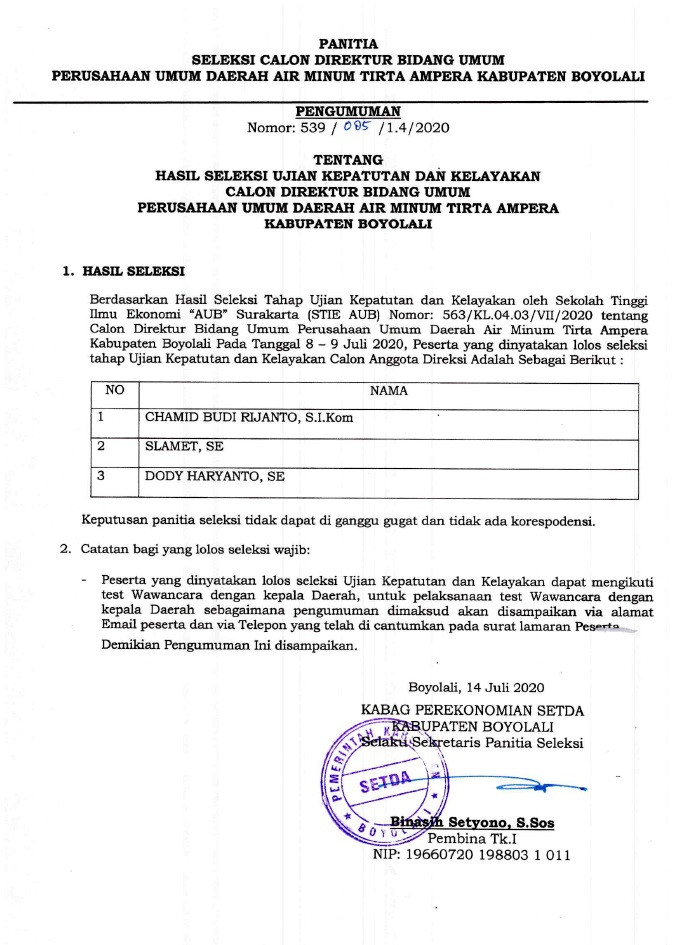 Hasil Seleksi Ujian Kepatutan Dan Kelayakan Calon Direktur Bidang Umum Perusahaan Umum Daerah Air Minum Tirta Ampera Kabupaten Boyolali