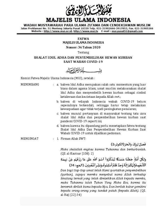 Fatwa Majelis Ulama Indonesia Mengenai Sholat Idul Adha Dan Penyembelihan Hewan Qurban Dimasa Pandemi Covid-19 Ini