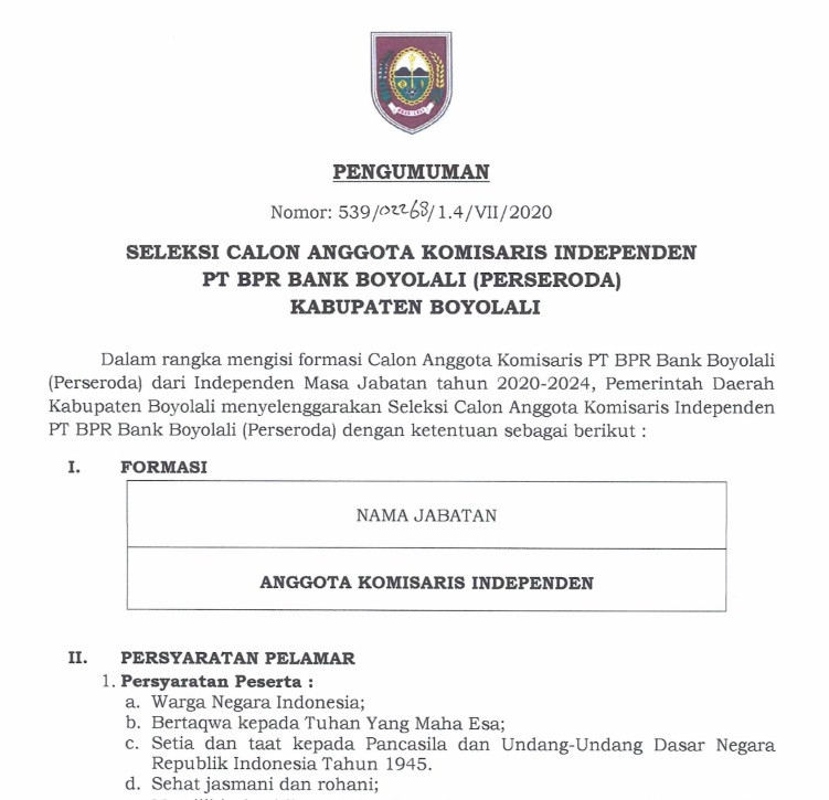 Seleksi Calon Anggota Komisaris Independen PT. BPR BANK BOYOLALI