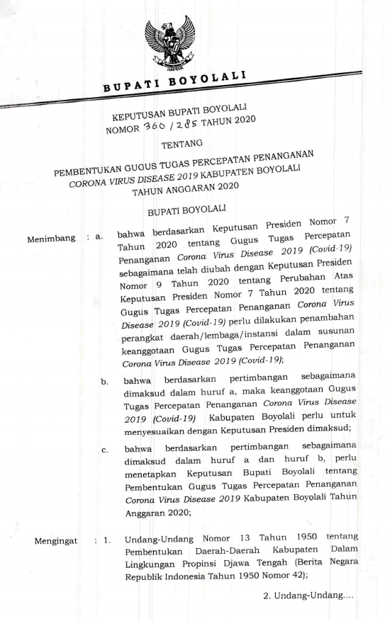 SK Bupati Boyolali nomor 360/285 Tahun 2020 tentang Pembentukan Gugus Tugas Percepatan Penanganan Covid-19 di Kabupaten Boyolali Tahun Anggaran 2020