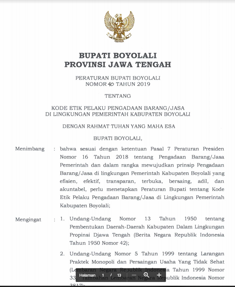 Perbup Boyolali Nomor 40 Tahun 2019 tentang Kode etik Pelaku Pengadaan Barang/Jasa di Lingkungan Pemerintah Kabupaten Boyolali