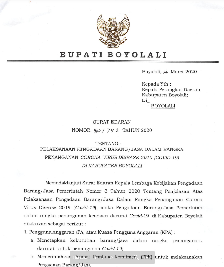 Surat edaran Bupati Boyolali Nomor 460/742 Tahun 2020 tentang Pelaksanaan Pengadaan Barang/Jasa dalam rangka Penanganan Covid-19 di Kabupaten Boyolali