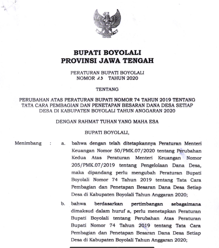 Perbup Boyolali Nomor 23 Tahun 2020 tentang Perubahan atas Perbup Boyolali Nomor 74 Tahun 2019 tentang Tata Cara Pembagian dan Penetapan Besaran Dana