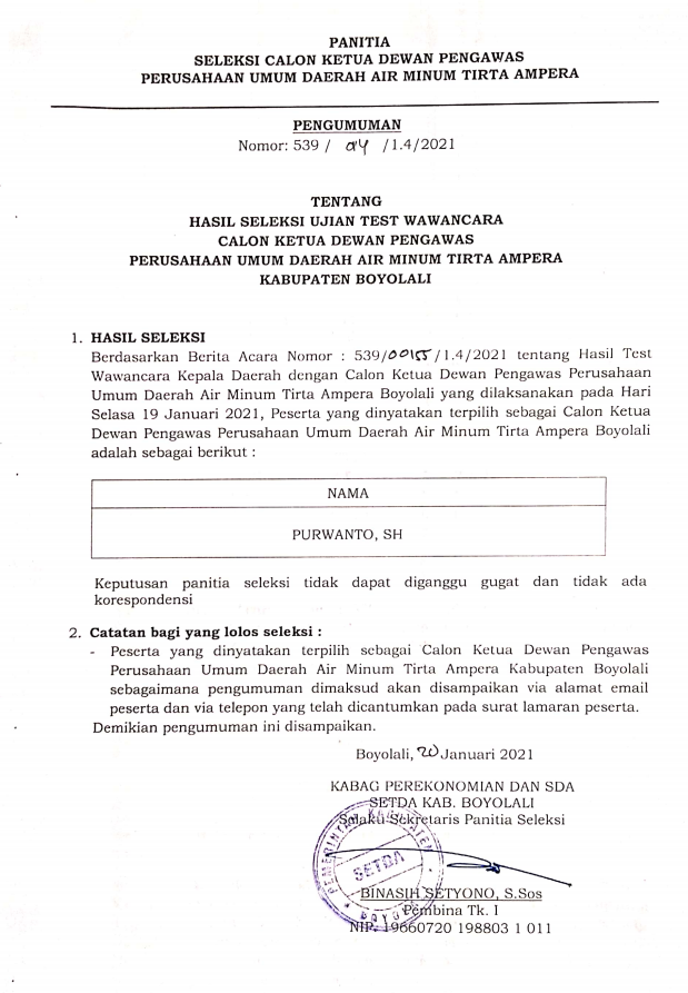 Hasil seleksi wawancara calon ketua Dewan Pengawas PUDAM TIRTA AMPERA BOYOLALI