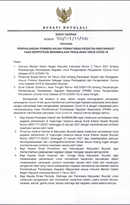 Surat Edaran Bupati Mengenai Perpanjangan PPKM