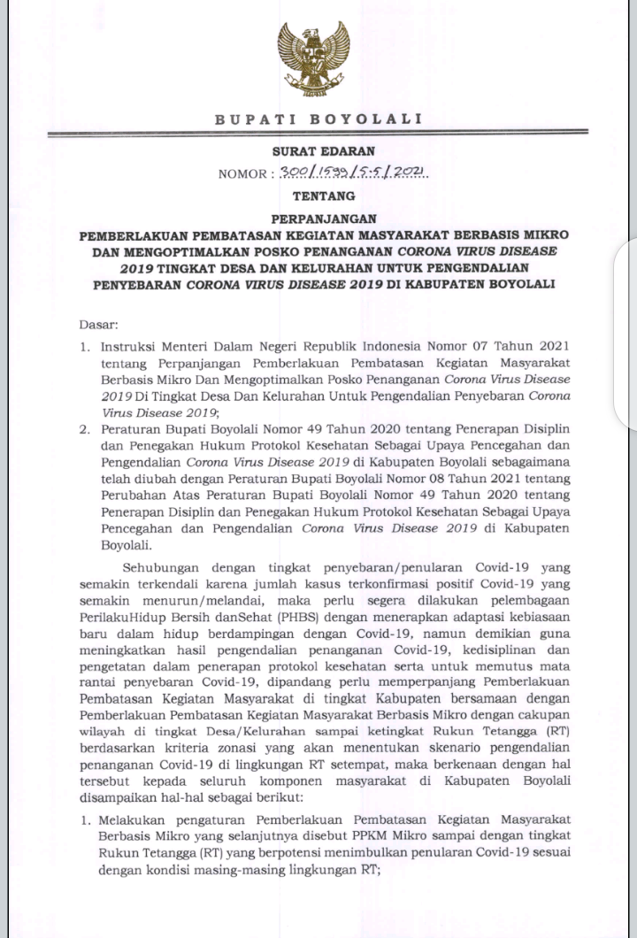 SE Bupati Tentang Perpanjangan PPKM Kabupaten Boyolali 6 Maret 2021