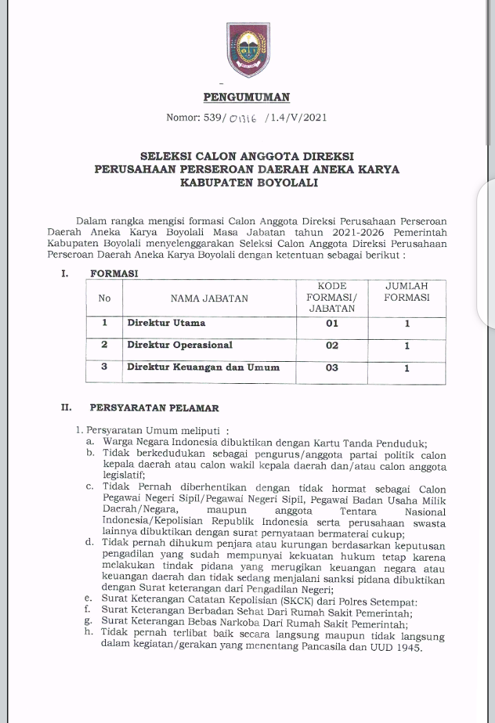 SELEKSI CALON ANGGOTA DIREKSI PERUSAHAAN PERSERODA PERUSDA ANEKA KARYA KABUPATEN BOYOLALI
