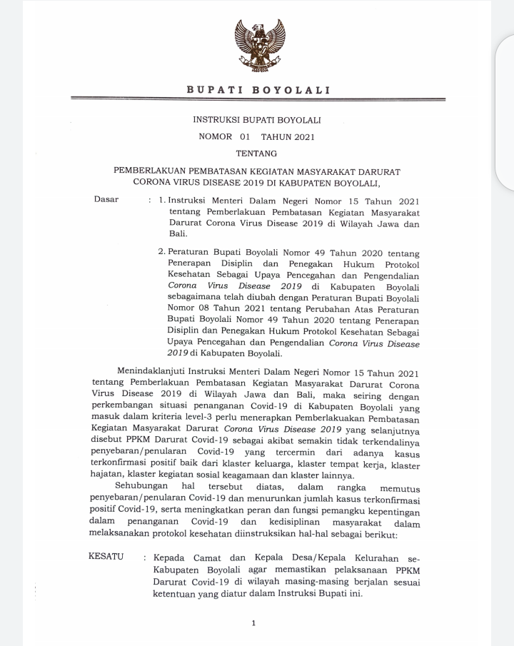INTRUKSI BUPATI BOYOLALI TENTANG PPKM DARURAT COVID-19