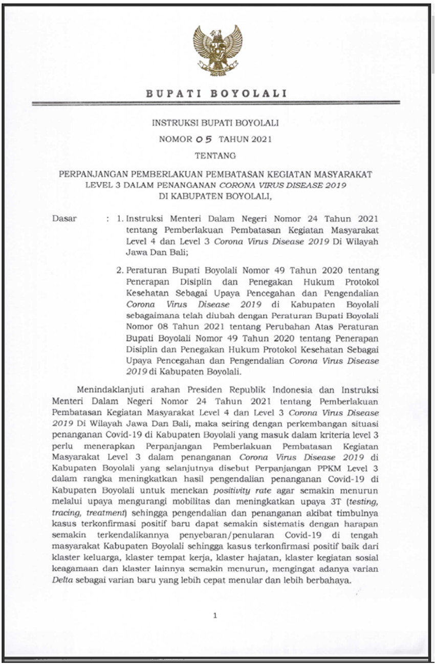 INSTRUKSI BUPATI PERPANJANGAN PPKM LEVEL 3