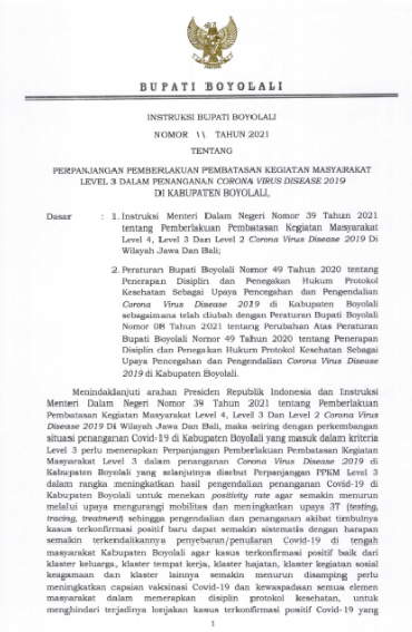INSTRUKSI BUPATI NO 11 PERPANJANGAN PPKM LEVEL 3 7-13 SEPT