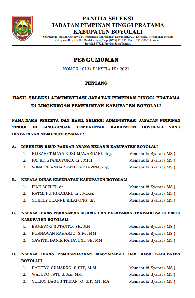 Pengumuman Seleksi Administrasi JPT Pratama Kab. Boyolali Tahun 2021