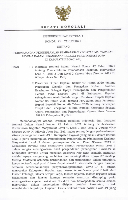 INSTRUKSI BUPATI NO 12 PERPANJANGAN PPKM LEVEL 3 14-20 SEPT
