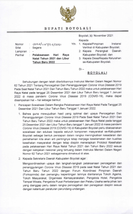 Surat Bupati Perihal Pelaksanaan Hari Raya Natal 2021 dan Libur Tahun Baru 2022