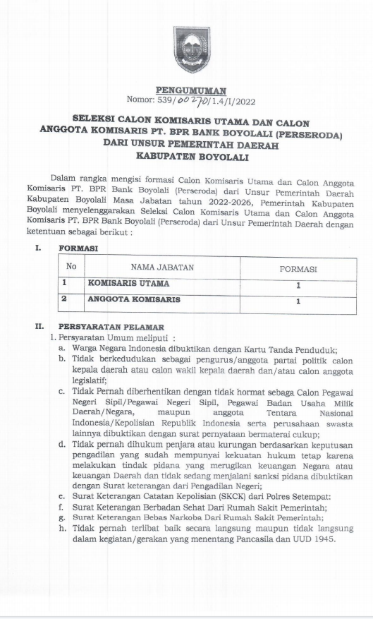 Pengumuman seleksi komisaris utama dan calon anggota komisaris PT. BPR BANK BOYOLALI
