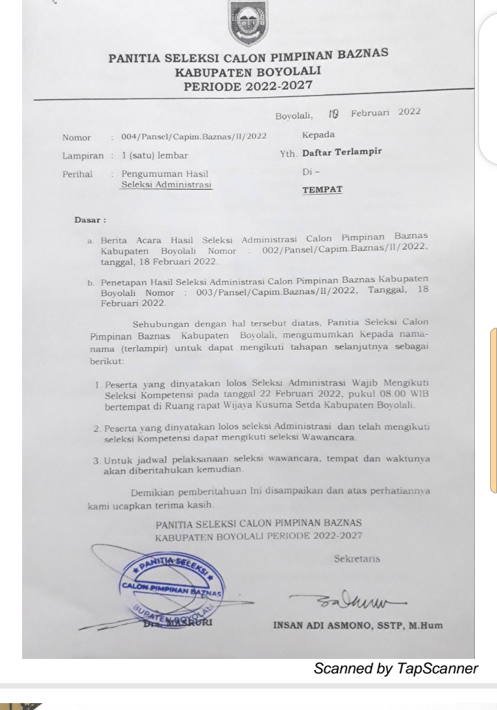 Pengumuman Hasil Seleksi Adminstrasi .Baznas Kabupaten Boyolali