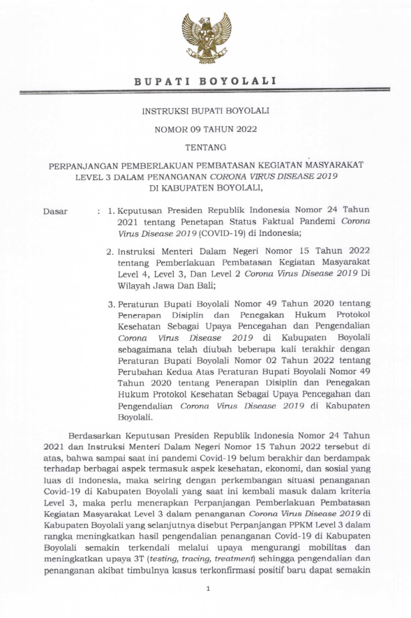 INSTRUKSI BUPATI NO 09 TAHUN 2022 PERPANJANGAN PPKM LEVEL 3 TGL 8-14 MARET 2022