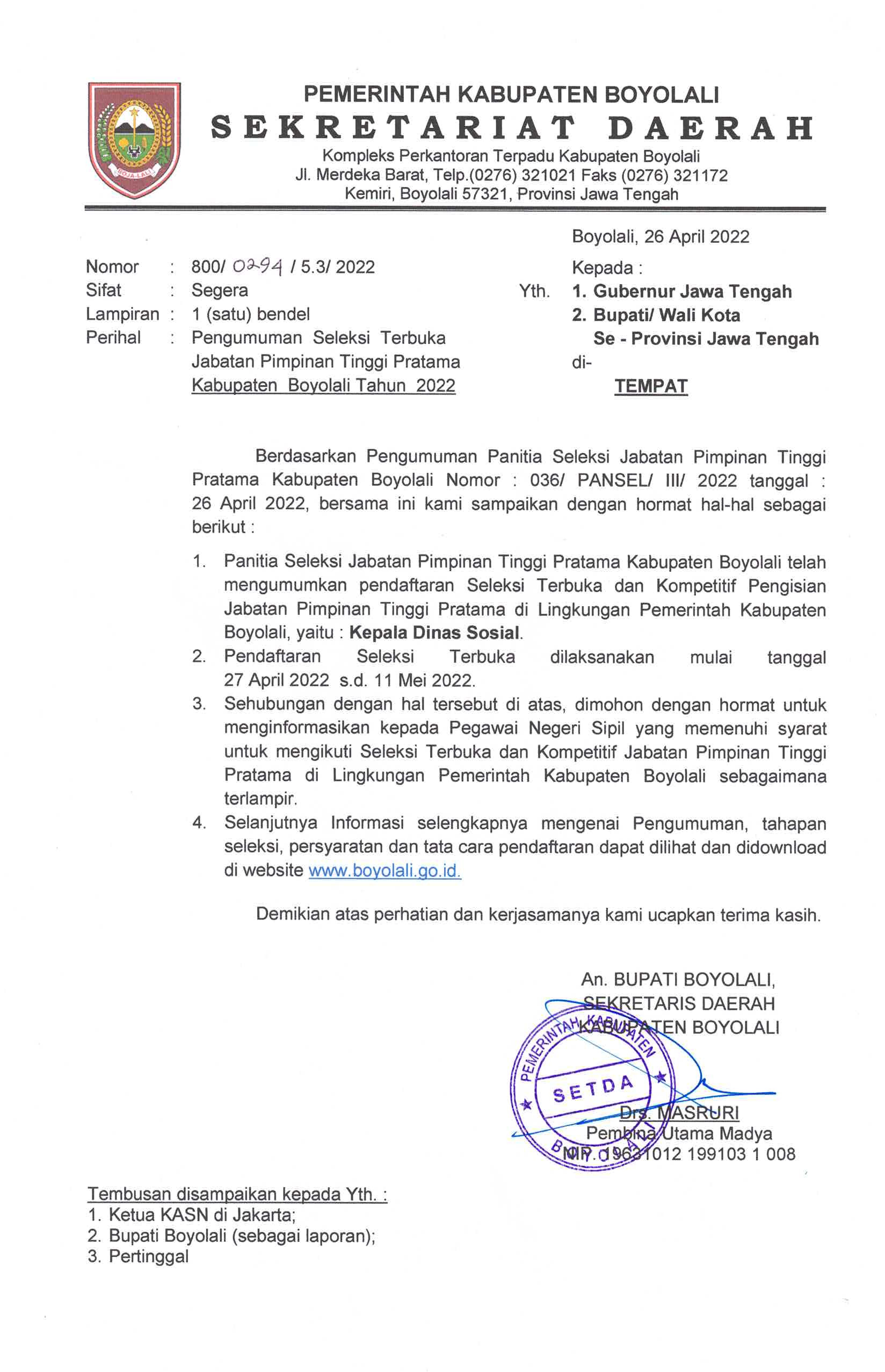 Pengumuman Seleksi Terbuka JPT Pratama Tahun 2022