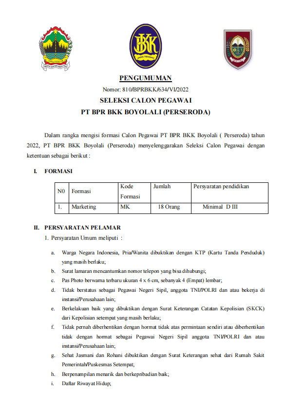 PENGUMUMAN SELEKSI CALON PEGAWAI PT BPR BKK BOYOLALI TAHUN 2022