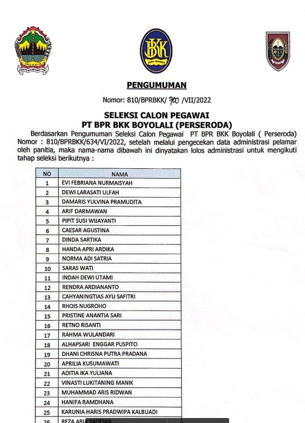 PENGUMUMAN SELEKSI CALON PEGAWAI BPR BKK PERSERODA TAHUN 2022 ,,