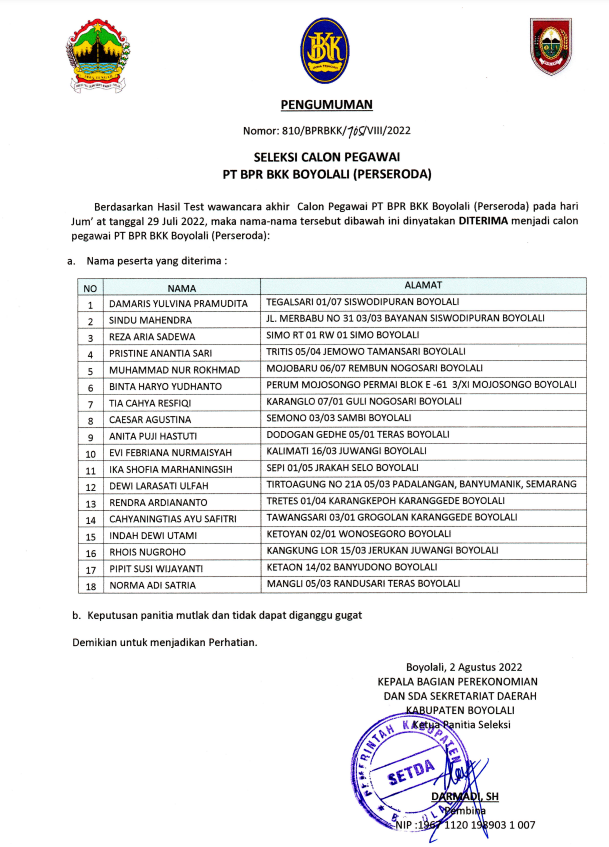HASIL SELEKSI CALON PEGAWAI BPR BKK KABUPATEN BOYOLALI TAHUN 2022