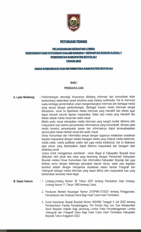 PETUNJUK TEKNIS PELAKSANAAN KEGIATAN LOMBA VIDEOGRAFI DAN FOTOGRAFI DALAM RANGKA “ BERANTAS ROKOK ILEGAL “ PEMERINTAH KABUPATEN BOYOLALI TAHUN 2022