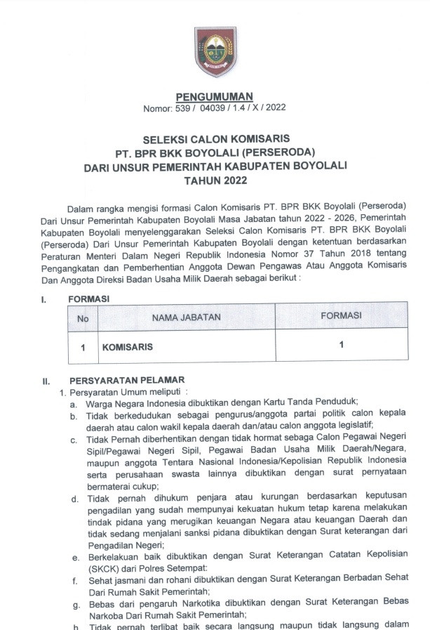 Seleksi Calon Komisaris BKK Boyolali Tahun 2022