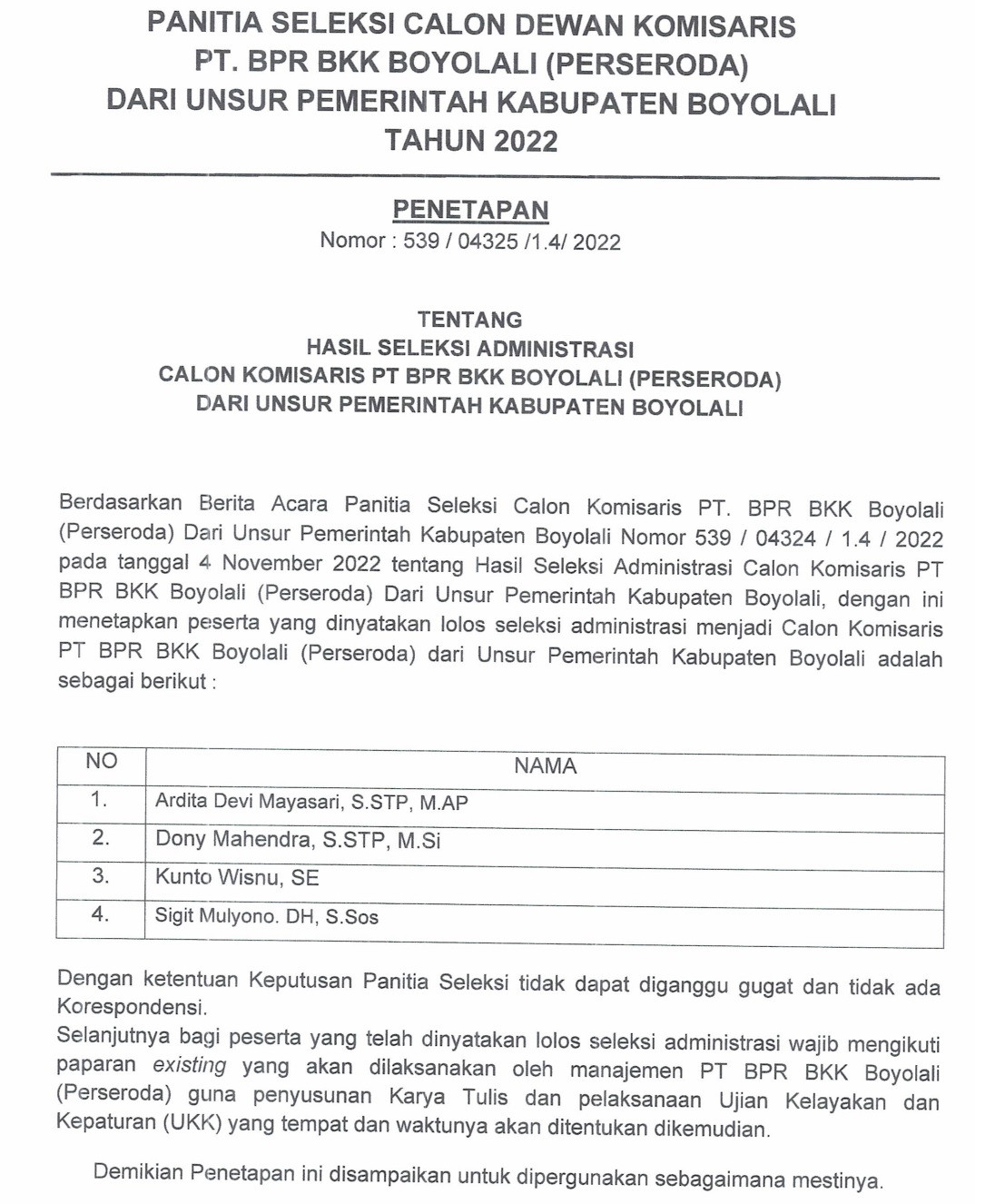 HASIL SELEKSI ADMINISTRASI KOMISARIS PT BPR BKK DARI UNSUR PEMERINTAH KABUPATEN BOYOLALI 2022