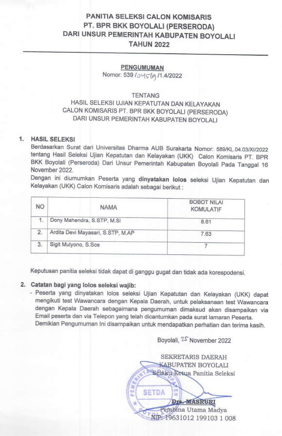 HASIL UKK SELEKSI KOMISARIS PT BKK PERSERODA BOYOLALI 2022