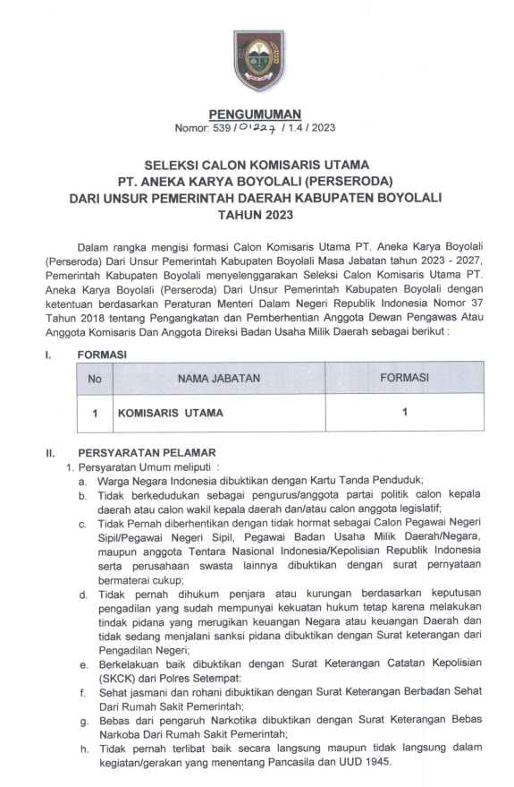 SELEKSI KOMISARIS UTAMA PT ANEKA KARYA BOYOLALI