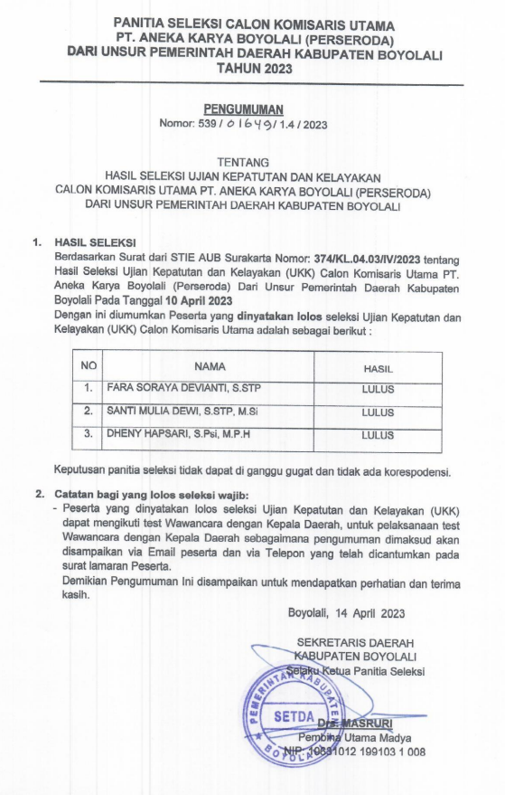 Pengumuman Hasil UKK Administrasi Seleksi Calon Komisaris Utama PT Aneka Karya Boyolali Dari Unsur Pemerintah Daerah Kab Boyolali