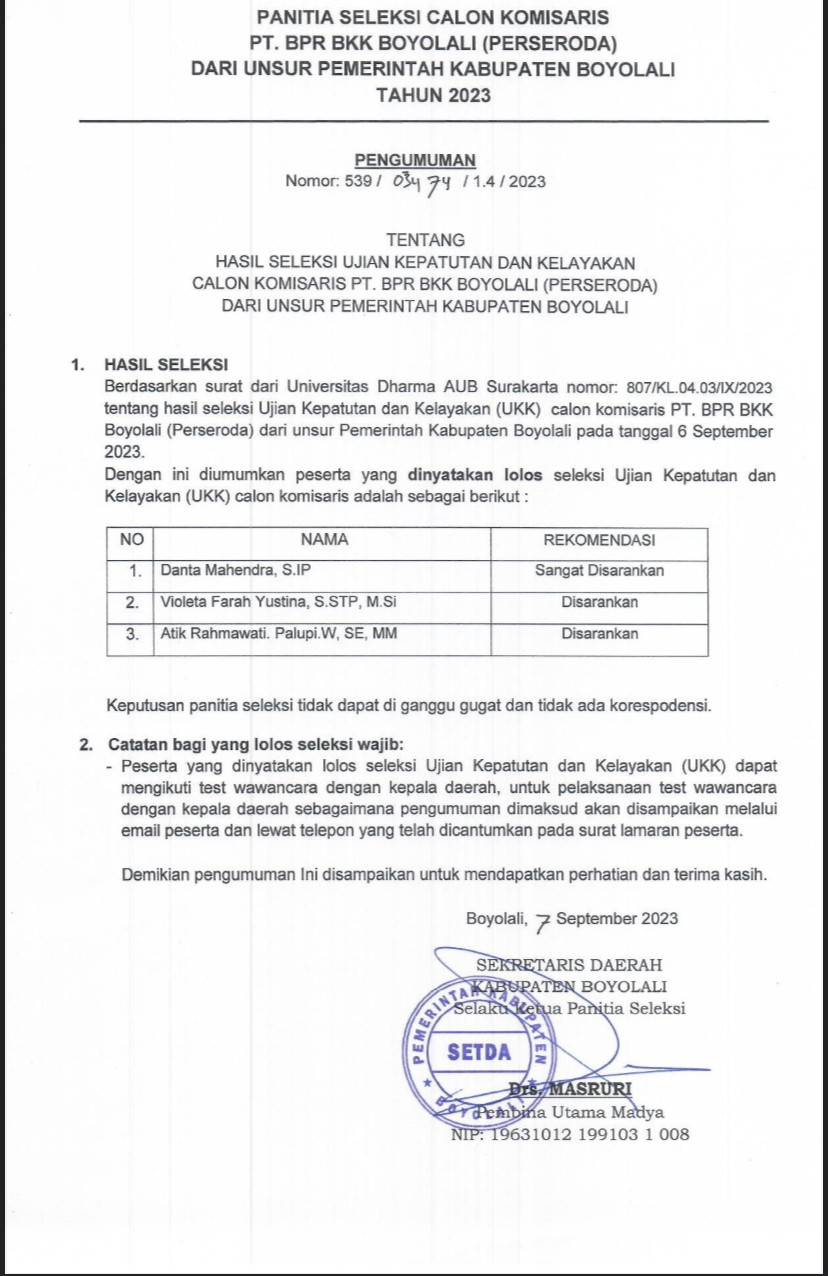 PENGUMUMAN HASIL UKK SELEKSI KOMISARIS PT BPR BKK BOYOLALI T 2023