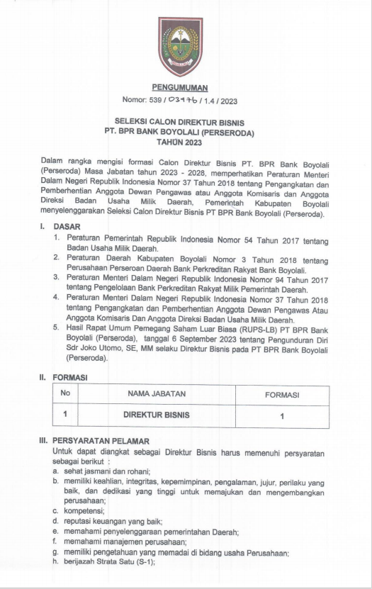 Pengumuman seleksi Direktur Bisnis PT BPR Bank Boyolali th 2023