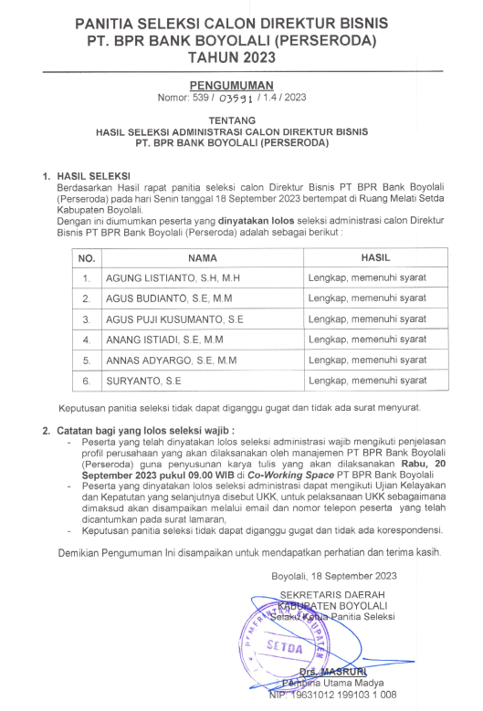 Pengumuman Seleksi Administrasi Calon Direktur Bisnis PT BPR Bank Boyolali