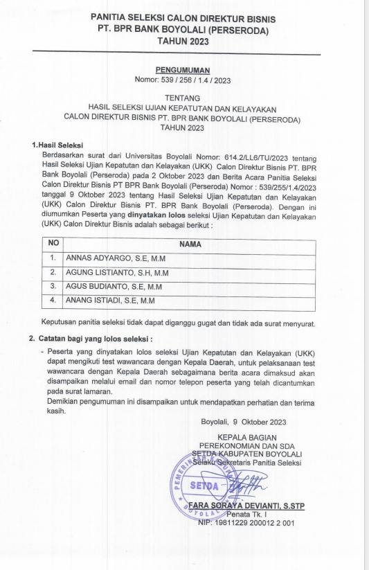 HASIL SELEKSI UJIAN KEPATUTAN DAN KELAYAKAN CALON DIREKTUR BISNIS PT.BPR BANK BOYOLALI PERSERODA TAHUN 2023