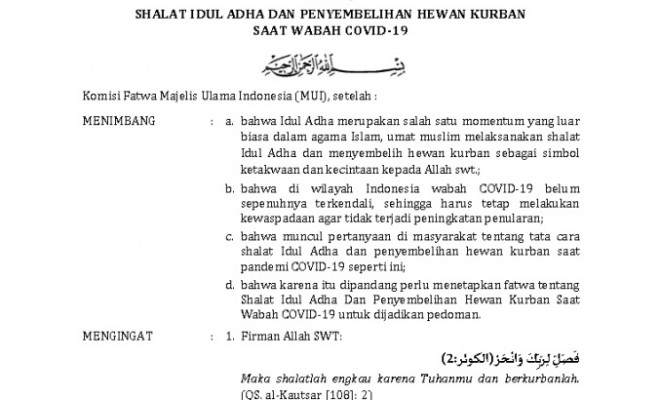 Fatwa Majelis Ulama Indonesia Mengenai Sholat Idul Adha Dan Penyembelihan Hewan Qurban Dimasa Pandem...