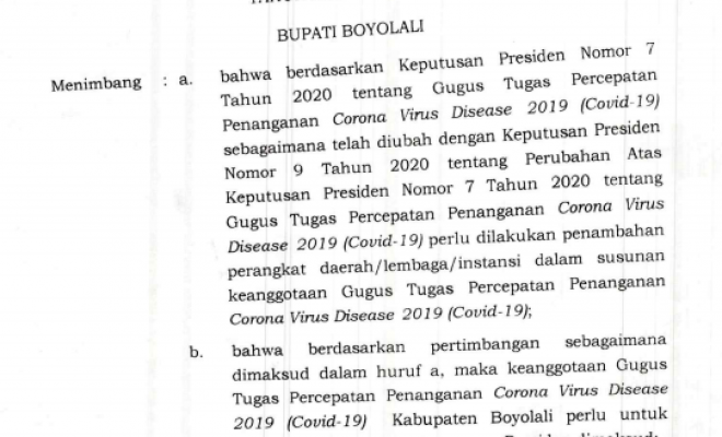SK Bupati Boyolali nomor 360/285 Tahun 2020 tentang Pembentukan Gugus Tugas Percepatan Penanganan Co...
