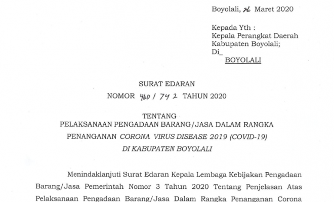 Surat edaran Bupati Boyolali Nomor 460/742 Tahun 2020 tentang Pelaksanaan Pengadaan Barang/Jasa dala...