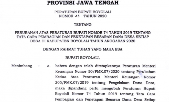 Perbup Boyolali Nomor 23 Tahun 2020 tentang Perubahan atas Perbup Boyolali Nomor 74 Tahun 2019 tenta...