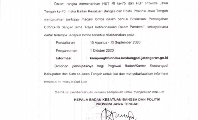 Pemberitahuan Lomba video Sosialisasi Pencegahan Covid-19 kesbangpol Jawa Tengah