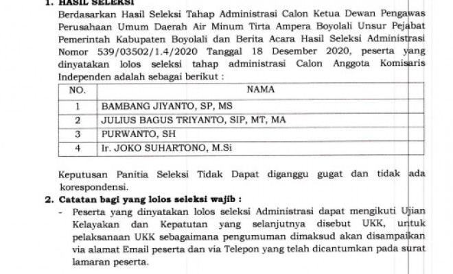 HASIL SELEKSI ADMINISTRASI CALON KETUA DEWAN PENGAWAS PERUSAHAAN UMUM DAERAH AIR MINUM TIRTA AMPERA...