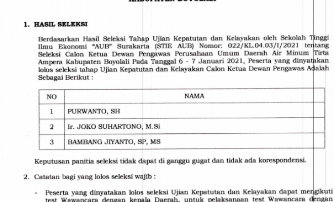 HASIL SELEKSI UJIAN KEPATUTAN DAN KELAYAKAN CALON KETUA DEWAN PENGAWAS PERUSAHAAN UMUM DAERAH AIR MI...